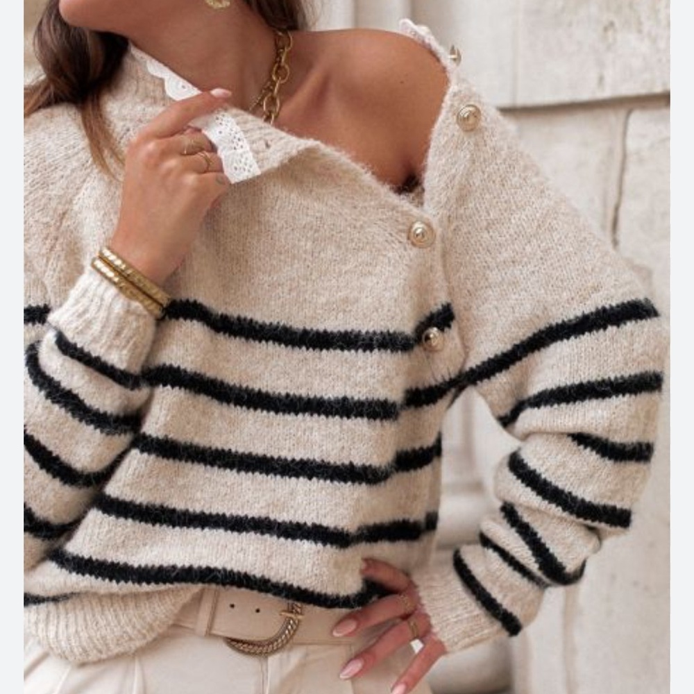 Elegant Beige and OLIVE Striped Women's Sweater